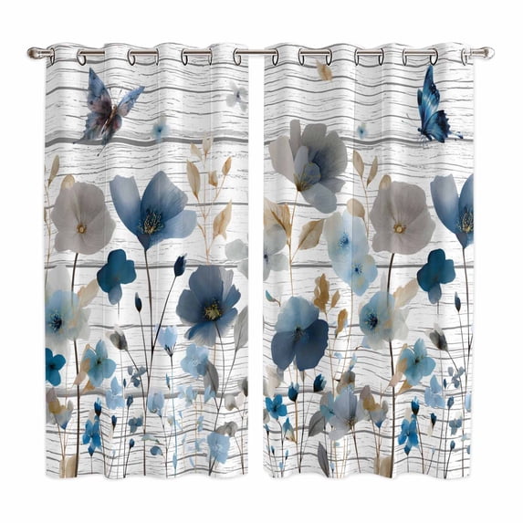 Watercolor Floral Kitchen Curtains Window Panels, Blue Flowers Butterflies Spring Wood Grain Insulated Window Treatment Curtain, Grommet Curtains for Bedroom/Living Room/Bathroom, 2 Piece 52"Wx84"L