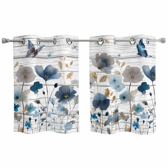 Watercolor Floral Kitchen Curtains Window Panels, Blue Flowers Butterflies Spring Wood Grain Insulated Window Treatment Curtain, Grommet Curtains for Bedroom/Living Room/Bathroom, 2 Piece 27.5"Wx39"L