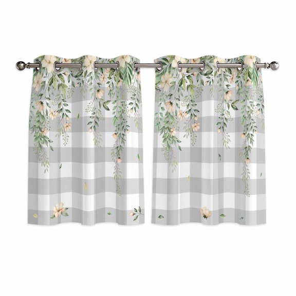 Watercolor Floral Kitchen Curtains Window Panels, Spring Flowers Leaves Plants Gray Plaid Insulated Window Treatment Curtain, Grommet Curtains for Bedroom/Living Room/Bathroom, 2 Piece 42"Wx45"L