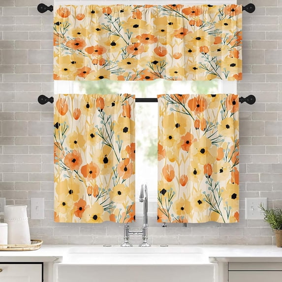 Watercolor Floral Kitchen Curtains Yellow Window Curtains Valance and Tier Set 36 Inch, Farmhouse Flowers Rod Pocket Short Tier Curtain, Rustic Small Cafe Curtains for Kitchen Decor