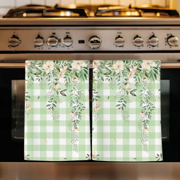 Watercolor Floral Kitchen Towels Set of 1, Spring Flowers Leaves Botanical Green Plaid Absorbent Dish Towels for Kitchen, Microfiber Hand Towel, Quick Drying Tea Towel Decorative Dishcloths