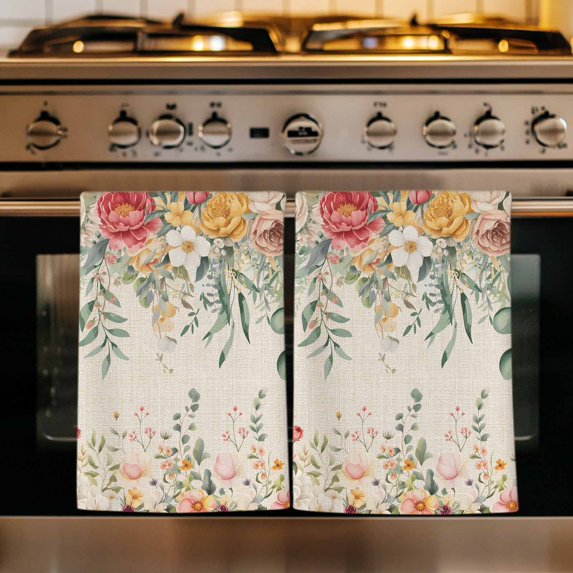 Watercolor Floral Kitchen Towels Set of 4, Spring Roses Eucalyptus Leaf Plants Beige Absorbent Dish Towels for Kitchen, Microfiber Hand Towel, Quick Drying Tea Towel for Cleaning Dishcloths