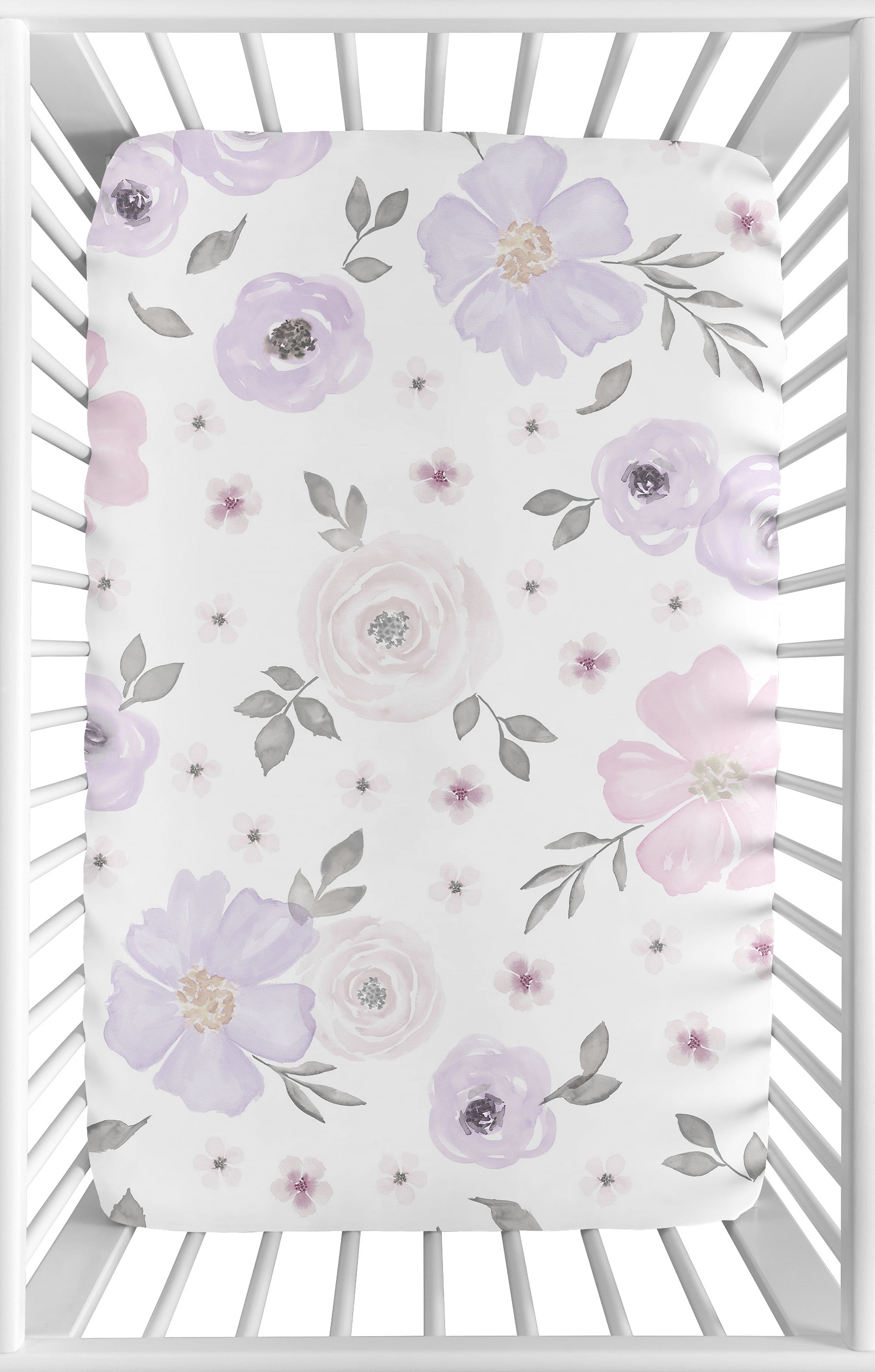 Watercolor Floral Lavender Mini Fitted Crib Sheet by Sweet Jojo Designs