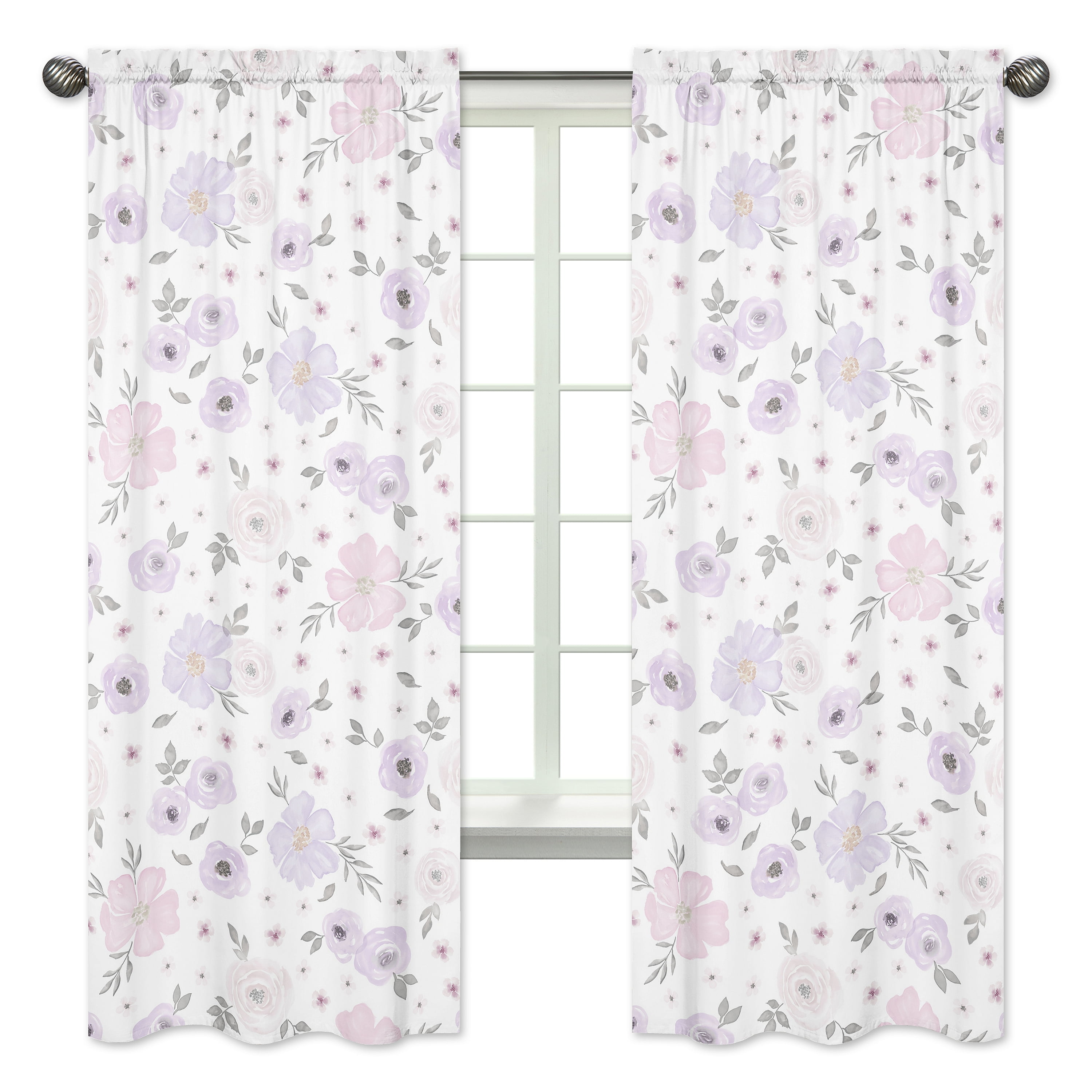 Lavender and Gray Floral Polyester Kids Window Panels