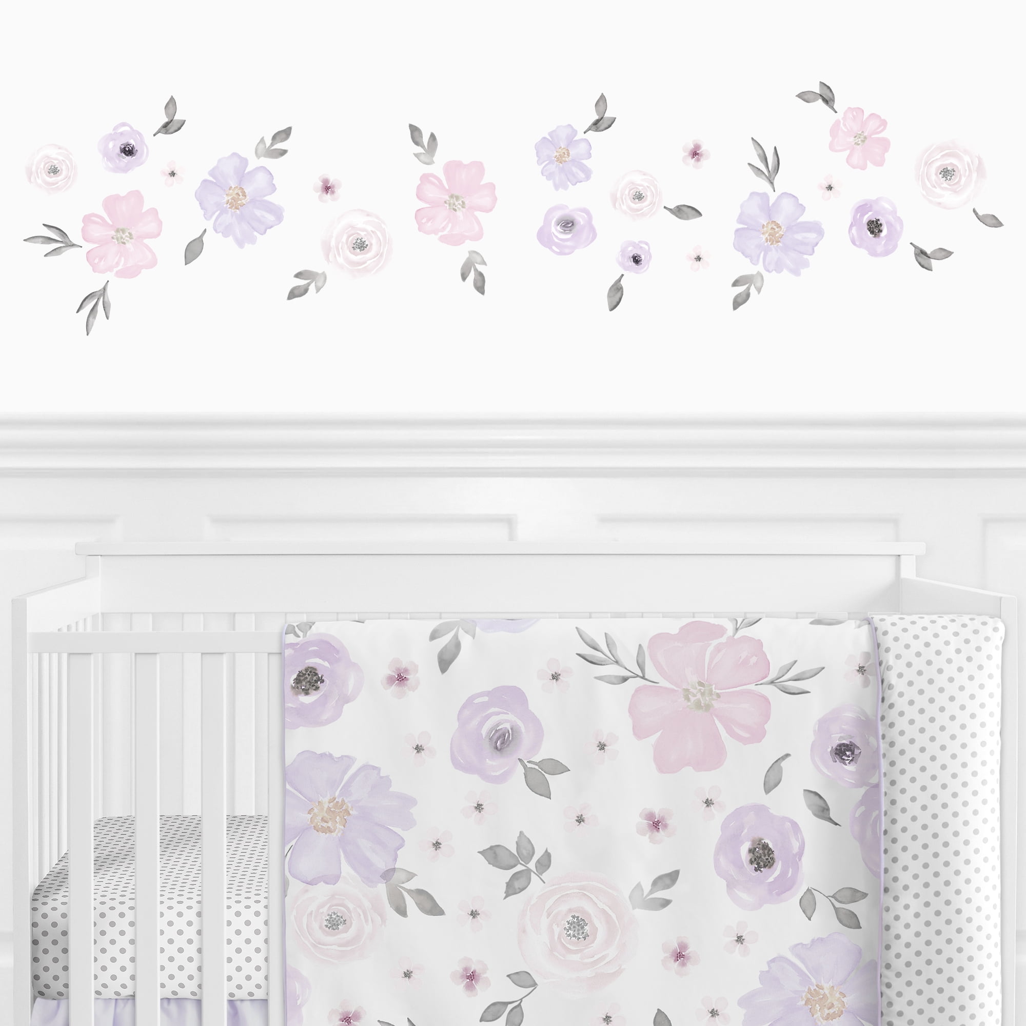 Lavender and Gray Watercolor Floral Nursery Wall Decal Set