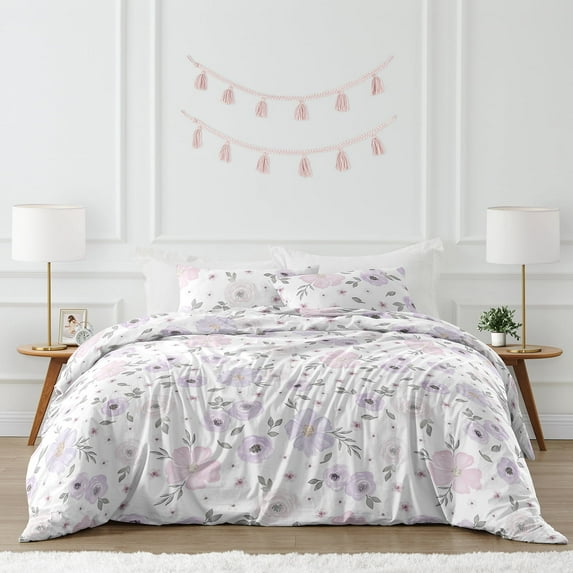 Sweet Jojo Designs Watercolor Floral Purple Pink Grey Queen Duvet Cover Bedding Set 3 Piece Set