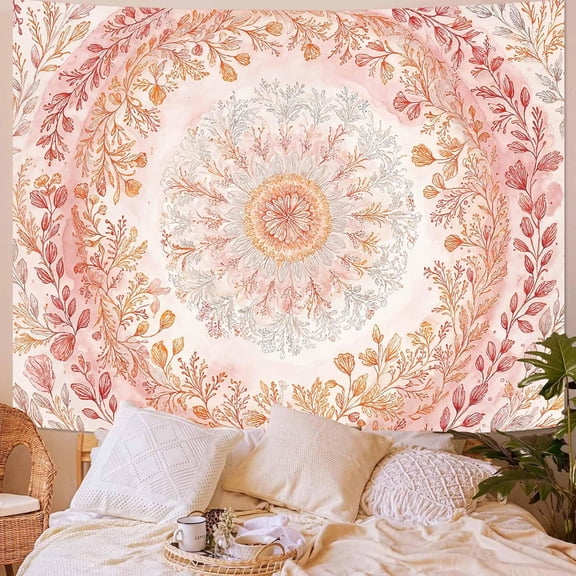 Watercolor Floral Mandala Tapestry, Soft Orange Botanical Wall Art for Room Decor, Cottagecore Aesthetic Home Decor 60" L x 44" W