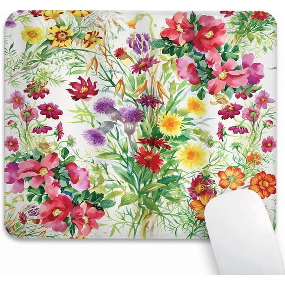 Watercolor Floral Mouse Pad 9.5"x 7.9", Reinforced Stitched Edges, Durable Anti-Slip Gaming & Office Mat Desk Decor, Abstract Flowers Design Romantic Rose Blooms Daisies