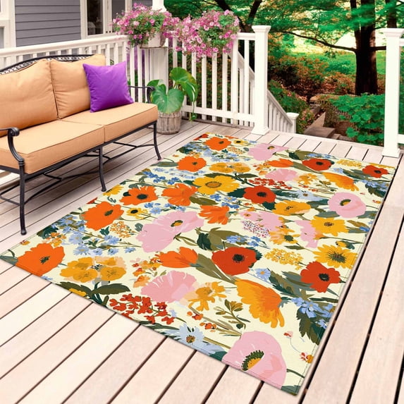 Watercolor Floral Outdoor Rug 5x7 Ft, Non Slip Washable Area Rug, Spring Poppy Daisy Flowers Botanical Beige Patio Rugs Carpet Runner, Large Floor Mat for Indoor/Outdoor Deck Porch Camping