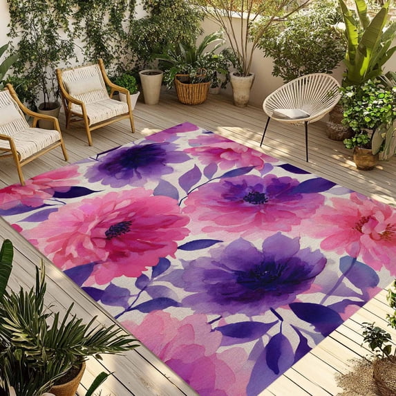 Watercolor Floral Outdoor Rug for Patio/Deck/Porch, Non-Slip Large Area Rug 3 x 5 Ft, Spring Flowers Botanical Retro Beige Indoor Outdoor Rugs Washable Area Rugs, Reversible Camping Rug Carpet Runner