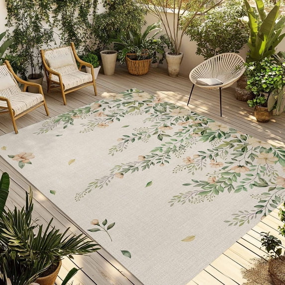 Watercolor Floral Outdoor Rug for Patio/Deck/Porch, Non-Slip Large Area Rug 3 x 5 Ft, Spring Leaves Flowers Botanical Beige Indoor Outdoor Rugs Washable Area Rugs, Camping Rug Carpet Runner