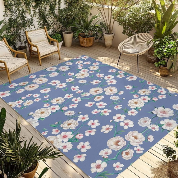 Watercolor Floral Outdoor Rug for Patio/Deck/Porch, Non-Slip Large Area Rug 4 x 6 Ft, Spring Flower Leaves Botanical Blue Indoor Outdoor Rugs Washable Area Rugs, Reversible Camping Rug Carpet Runner