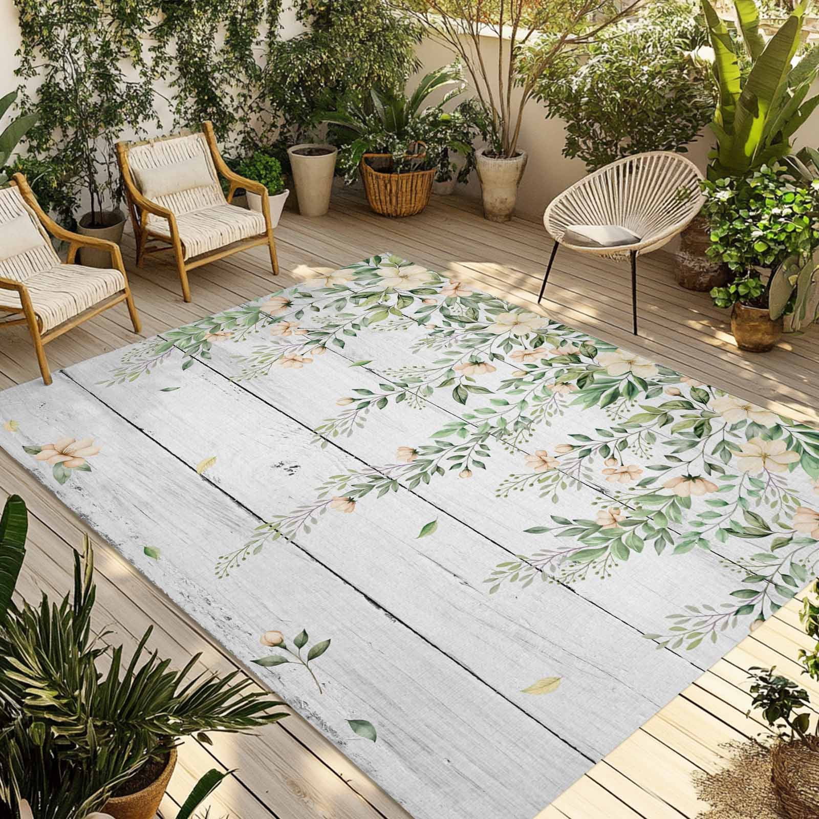 Watercolor Floral Outdoor Rug for Patio/Deck/Porch, Non-Slip Large Area Rug 4 x 6 Ft, Spring Flowers Leaves Botanical Wood Grain Indoor Outdoor Rugs Washable Area Rugs, Camping Rug Carpet Runner