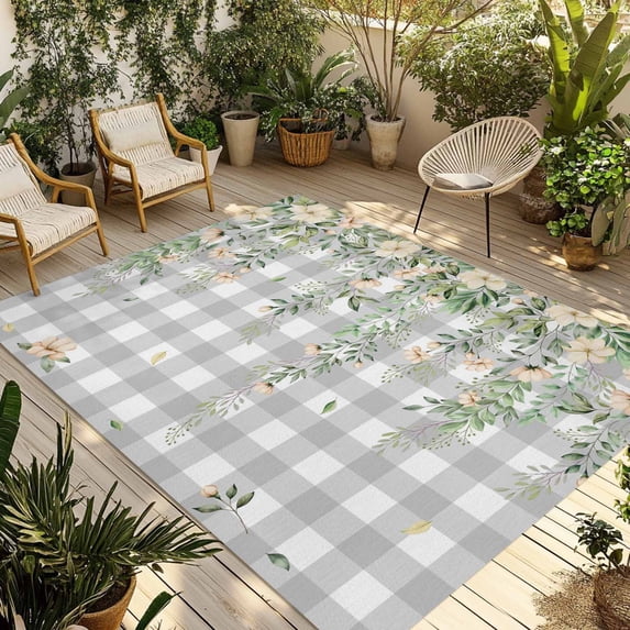 Watercolor Floral Outdoor Rug for Patio/Deck/Porch, Non-Slip Large Area Rug 4 x 6 Ft, Spring Flowers Leaves Plants Gray Plaid Indoor Outdoor Rugs Washable Area Rugs, Camping Rug Carpet Runner