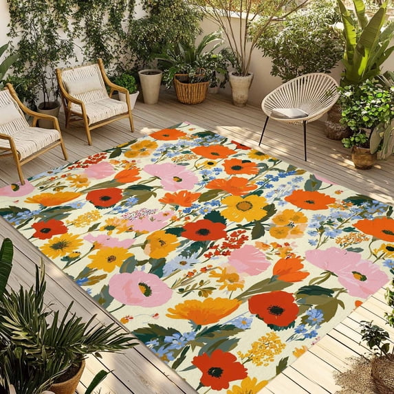 Watercolor Floral Outdoor Rug for Patio/Deck/Porch, Non-Slip Large Area Rug 4 x 6 Ft, Spring Poppy Daisy Flowers Botanical Beige Indoor Outdoor Rugs Washable Area Rugs, Camping Rug Carpet Runner