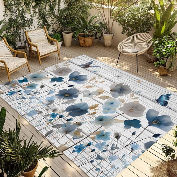 Watercolor Floral Outdoor Rug for Patio/Deck/Porch, Non-Slip Large Area Rug 5 x 7 Ft, Blue Flowers Butterflies Spring Wood Grain Indoor Outdoor Rugs Washable Area Rugs, Camping Rug Carpet Runner