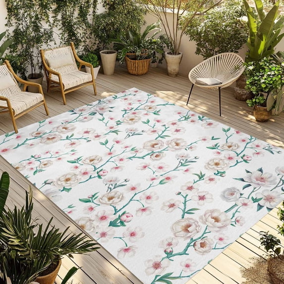 Watercolor Floral Outdoor Rug for Patio/Deck/Porch, Non-Slip Large Area Rug 5 x 7 Ft, Spring Botanical Flowers Tree Branches Indoor Outdoor Rugs Washable Area Rugs, Camping Rug Carpet Runner
