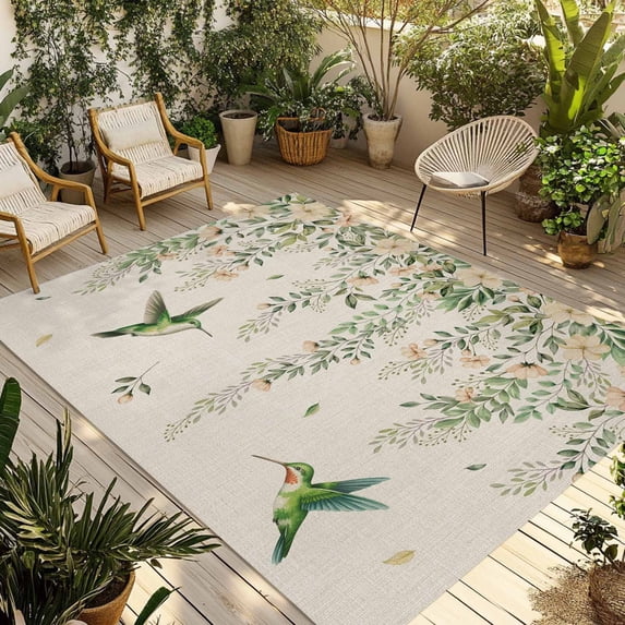 Watercolor Floral Outdoor Rug for Patio/Deck/Porch, Non-Slip Large Area Rug 5 x 7 Ft, Spring Flowers Birds Plants Country Beige Indoor Outdoor Rugs Washable Area Rugs, Camping Rug Carpet Runner