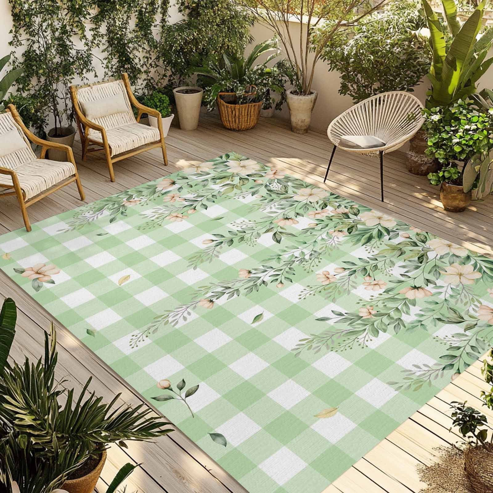 Watercolor Floral Outdoor Rug for Patio/Deck/Porch, Non-Slip Large Area Rug 5 x 7 Ft, Spring Flowers Leaves Botanical Green Plaid Indoor Outdoor Rugs Washable Area Rugs, Camping Rug Carpet Runner