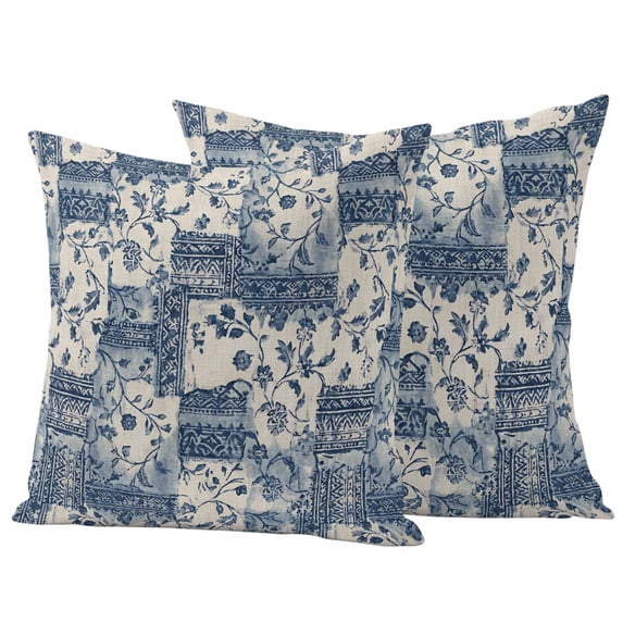 Watercolor Floral Outdoor Waterproof Pillow Covers, Vintage Country Tribal Tie-dye Flowers Blue Decorative Square Throw Pillowcase Sofa Cushion Sham for Patio/Couch/Chair, 26"x26" 2 Pack