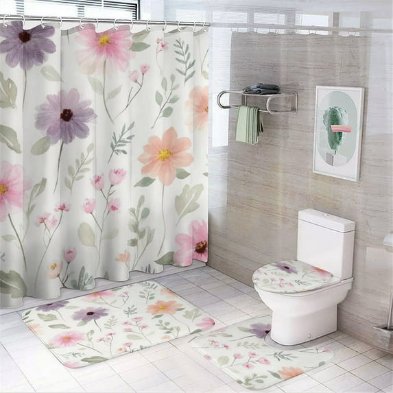 Watercolor Floral Pattern(1)_2 Shower Curtain Set Waterproof Bathroom Toilet Seat Cover Bath Non-slip Mat Rug Carpet Bath Decor