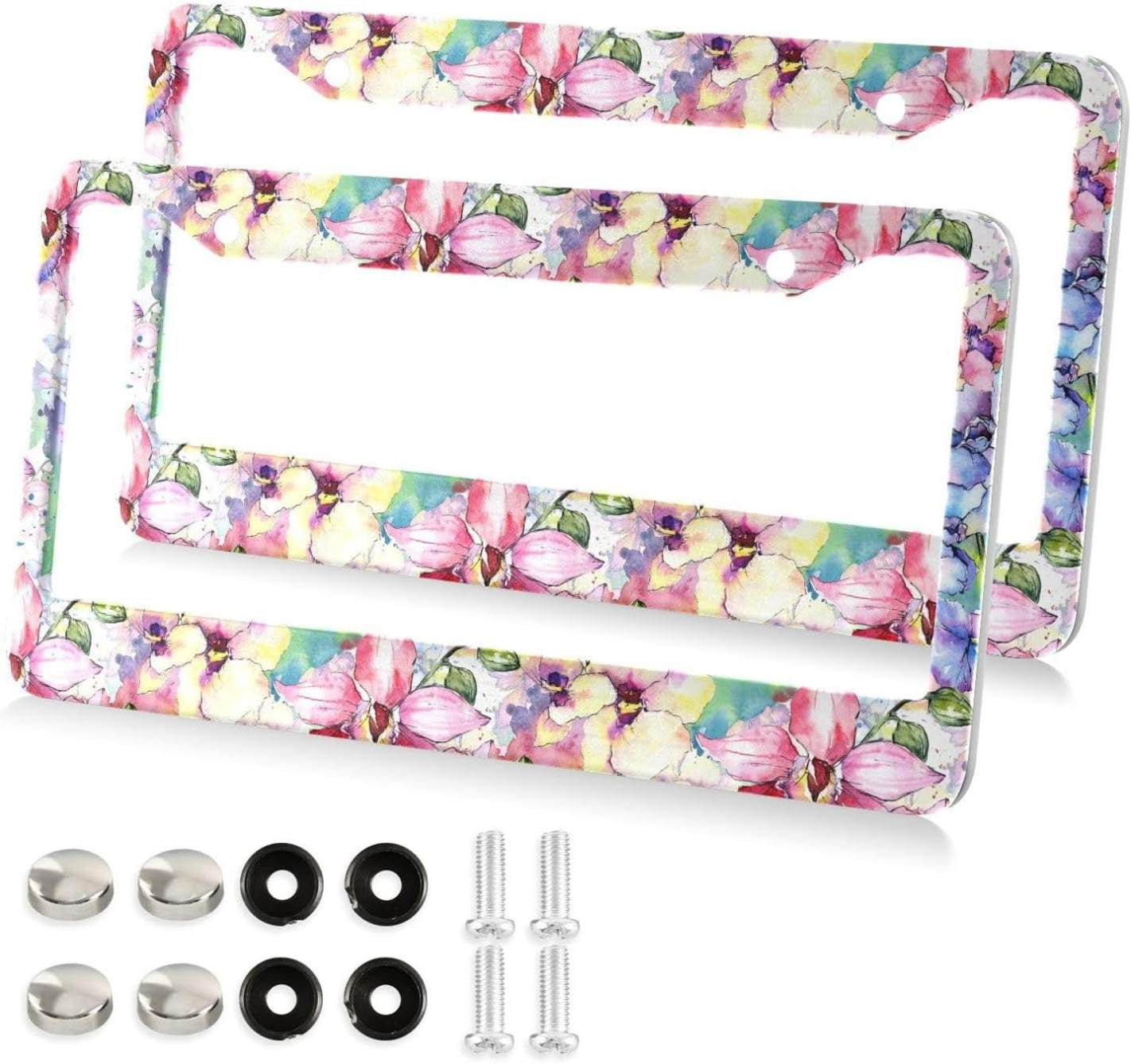 Watercolor Floral Pattern License Plate Frame, Decorative Aluminum Car ...