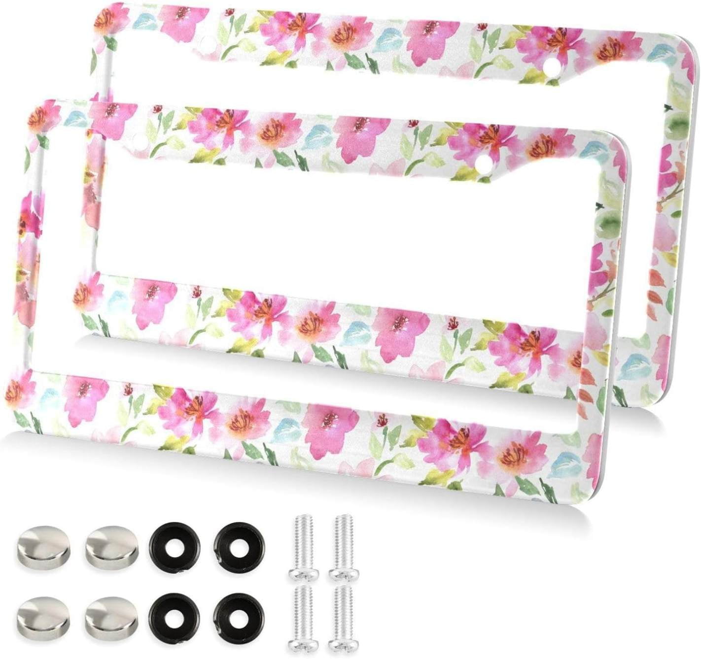 Watercolor Floral Pattern License Plate Frame, Decorative Aluminum Car