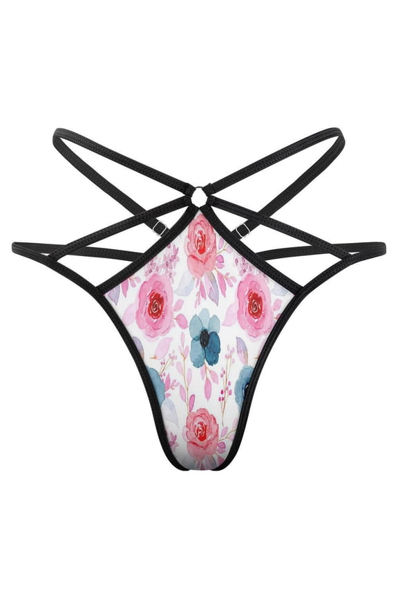 Watercolor Floral Pattern Open Type Women's Panties Crotch Opening G-strings Thongs Lingeries Underwear