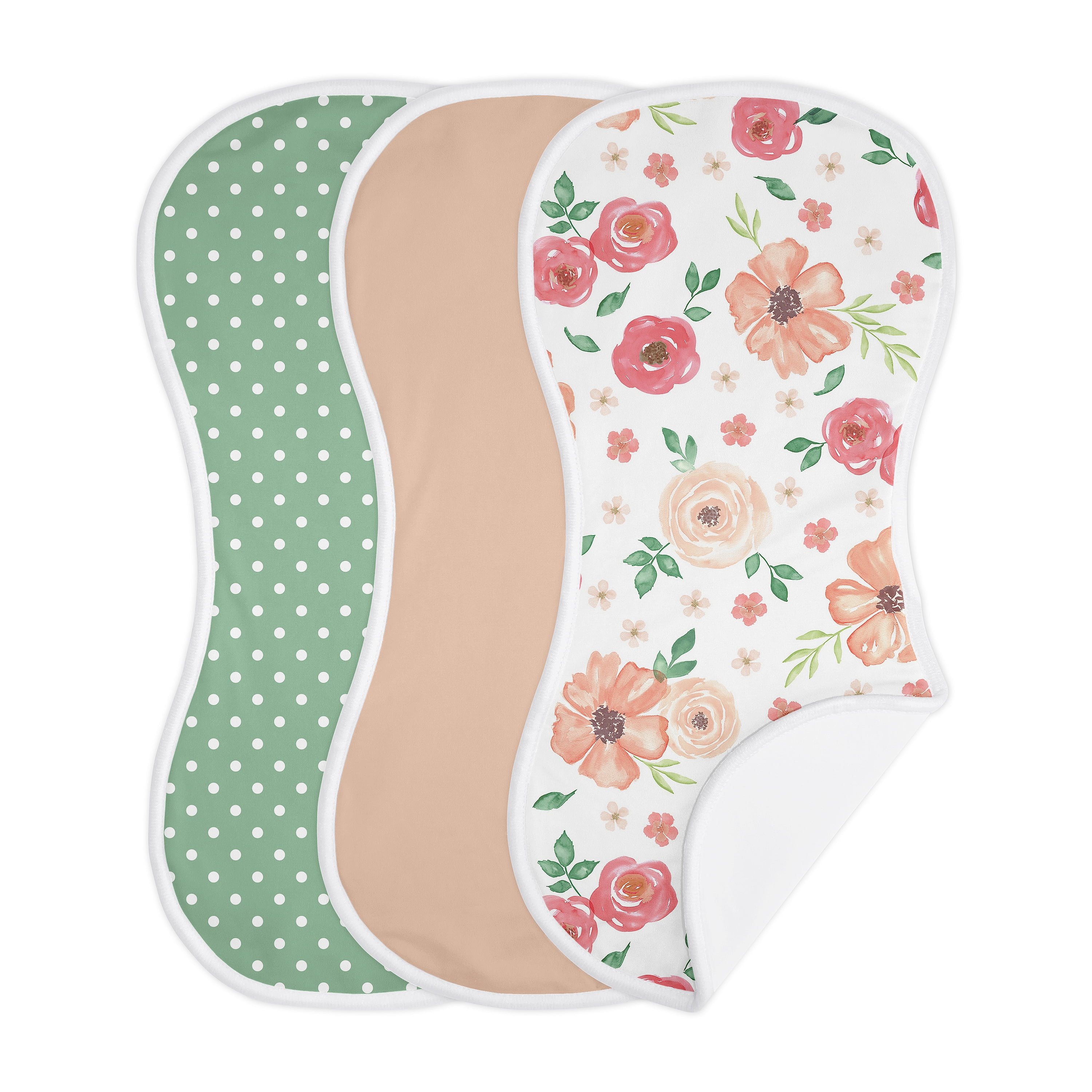 Watercolor Floral Peach and Green Absorbent Burp Cloths (3 Pack Set) by