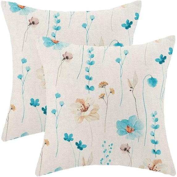 Watercolor Floral Pillow Covers 18x18 Inch Set of 2, Outdoor Light Blue Flower Throw Pillows Farmhouse Linen Modern Minimalist Aesthetic Floral Pillow Case for Sofa Couch Home Decor