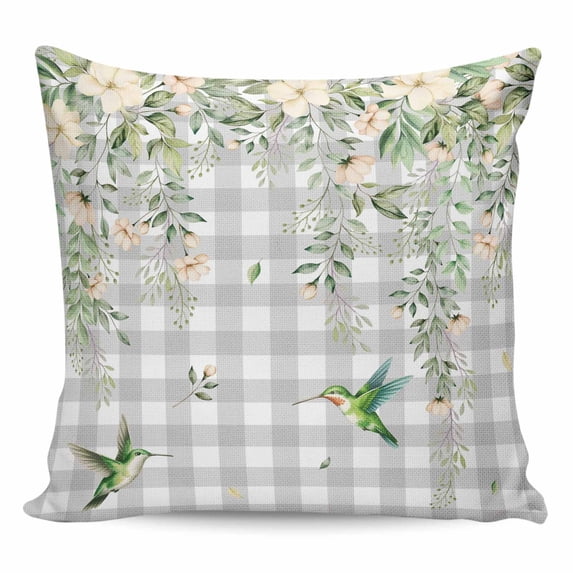 Watercolor Floral Pillow Covers 24x24 Inch Decorative Throw Pillow Cover, Spring Flowers Birds Plants Gray Plaid Sofa Pillowcases Accent Cushion Case Home Decor Bedroom Living Room