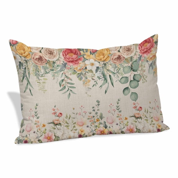 Watercolor Floral Pillow Covers, Linen Long Throw Pillow Case, Spring Roses Eucalyptus Leaf Plants Beige Holiday Pillow Protector Decorative Cushion Cover for Living Room/Bedroom 24" x 36"