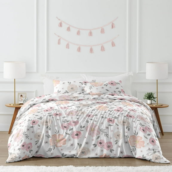 Sweet Jojo Designs Watercolor Floral Pink Grey White Queen Duvet Cover Bedding Set 3 Piece Set