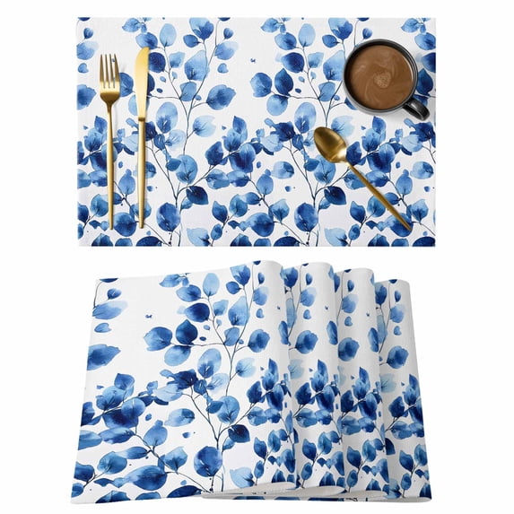 Watercolor Floral Placemats Set of 4 Blue Verdant Flower Patterns Place Mats Indoor Wipeable Table Mats Washable Cloth Dining Table Placemats for Kitchen Holiday Party Home Decor 13x19 Inch