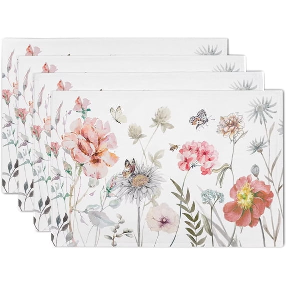 Watercolor Floral Placemats Set of 4 Spring Flower Placemats Farmhouse Vintage Place Mats Washable Linen Placemats for Party Kitchen Dining Picnic Decorations 12 X 18 Inch