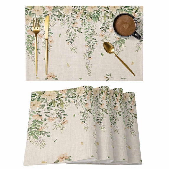 Watercolor Floral Placemats Set of 6, Spring Leaves Flowers Botanical Beige Placemats for Dining Table, Place Mats for Kitchen Tabletop, Waterproof Wipeable Dining Table Mats Set