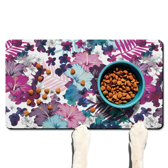 Watercolor Floral Print Dog Food Mat, Absorbent Waterproof Pet Feeding Mat Non-Slip Durable for Dog and Cat Feeding