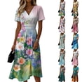 thumbnail image 1 of Watercolor Floral Print Dress for Women V Neck Short Sleeve Dress A Line Midi Casual Summer Outfit Flowy Lightweight Party Wear Vacation Boho Chic Light Green XXXL, 1 of 6