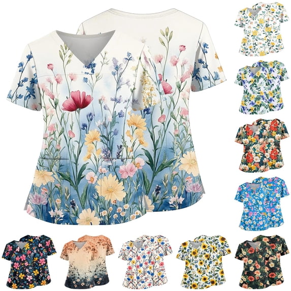 Watercolor Floral Print V-Neck Scrub Top for Women, Short Sleeve Medical Tunic with Pockets - Soft Loose Fit Side Slit Work Shirt featuring Botanical & Wildflower Patterns Green XXL