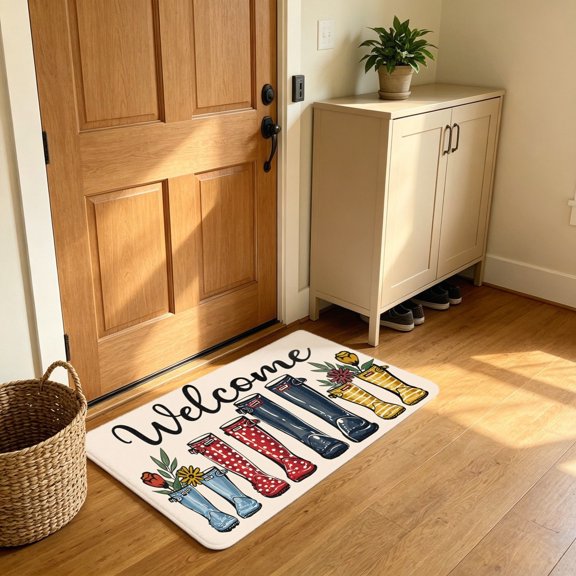 Watercolor Floral Rain Boot Print Entry Welcome Rug 20 x 32 in, Multi-Tone Indoor Doormat