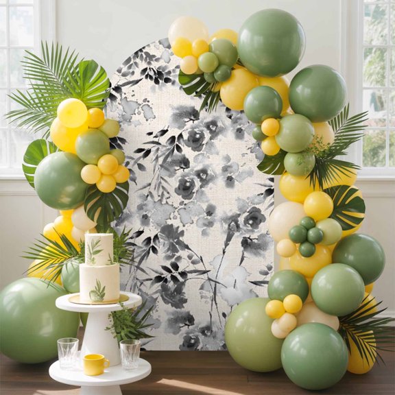Watercolor Floral Rose Leaves Arch Backdrop Cover Stretchy Spandex Arch Cover 6ft, Black Liquid on Linen Round Top Chiara Stand Covers for Wedding Birthday Party Ceremony Banquet