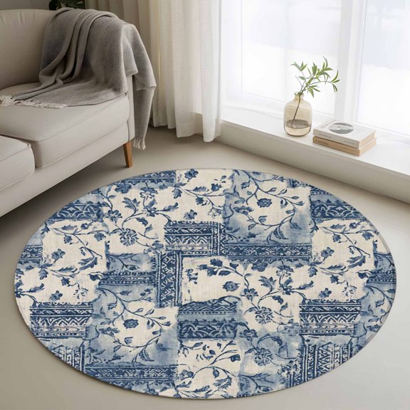 Watercolor Floral Round Area Rug 3Ft Washable Small Circle Rugs for Kitchen Entryway, Vintage Country Tribal Tie-dye Flowers Blue Non-Slip Carpet Floor Mats Indoor Outdoor Carpet Runner Home Decor
