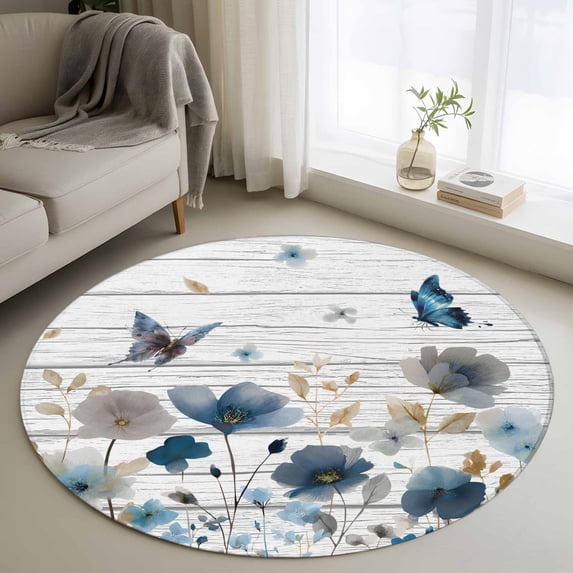 Watercolor Floral Round Area Rug 4Ft Washable Circle Rugs for Bedroom Dining Room, Blue Flowers Butterflies Spring Wood Grain Non-Slip Carpet Floor Mats Indoor Outdoor Carpet Runner Home Decor