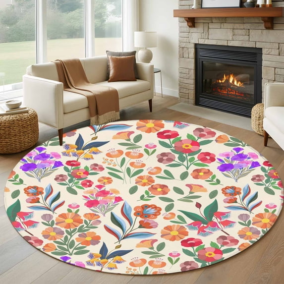 Watercolor Floral Round Area Rug 6Ft Washable Circle Rugs for Bathroom Office, Retro Botanical Flowers Leaves Spring Beige Non-Slip Carpet Floor Mats Indoor Outdoor Carpet Runner Aesthetic Home Decor