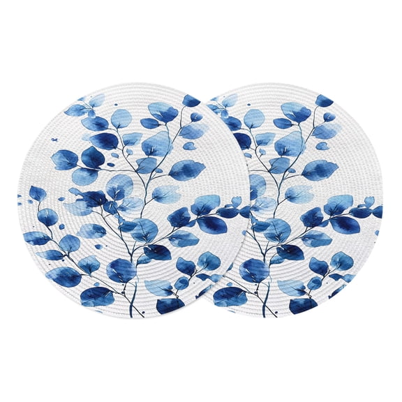Watercolor Floral Round Placemats Set of 2 Blue Verdant Flower Patterns Place Mats Indoor Woven Table Mats Washable Heat-Resistance Braided Dining Table Placemats for Kitchen Party Decor 13 Inch