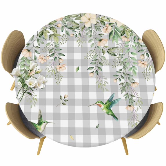 Watercolor Floral Round Tablecloth, Fitted Table Cover with Elastic for 36"-44" Round Tables, Spring Flowers Birds Plants Gray Plaid Table Cloth Outdoor Indoor Dinning Party Waterproof Tablecloths