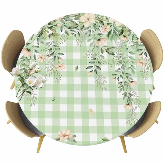 Watercolor Floral Round Tablecloth, Fitted Table Cover with Elastic for 45"-54" Round Tables, Spring Flowers Leaves Botanical Green Plaid Table Cloth Outdoor Dinning Party Waterproof Tablecloths