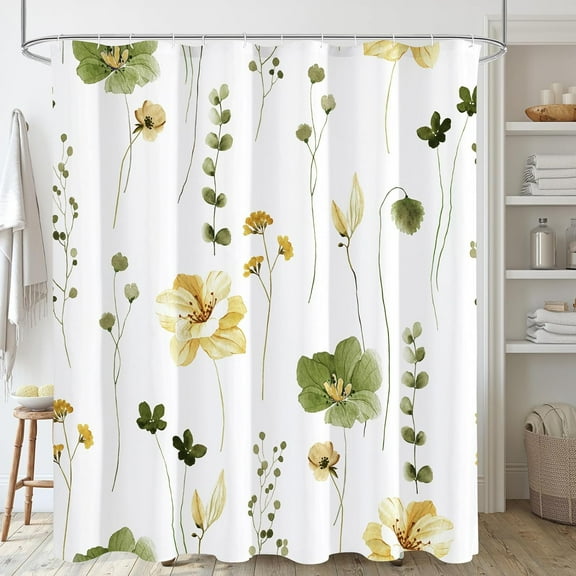 Teal Beige Flower Shower Curtain for Bathroom, Modern Minimalist White Waterproof Fabric Shower Curtain Set with Hooks 72x72 Inch
