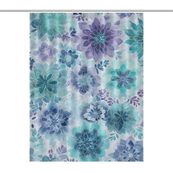 Watercolor Floral Seamless Pattern Teal Blue Purple Cloth Fabric Bathroom Decor Set with Hooks