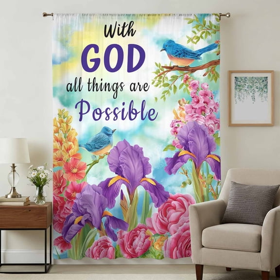 Watercolor Floral Sheer Curtains 45 Inches Long, with God All Things Are Possible Light Filering Curtains, Breathable Simi Curtain Privacy Drapes for Kitchen Bathroom Small Window Treatment